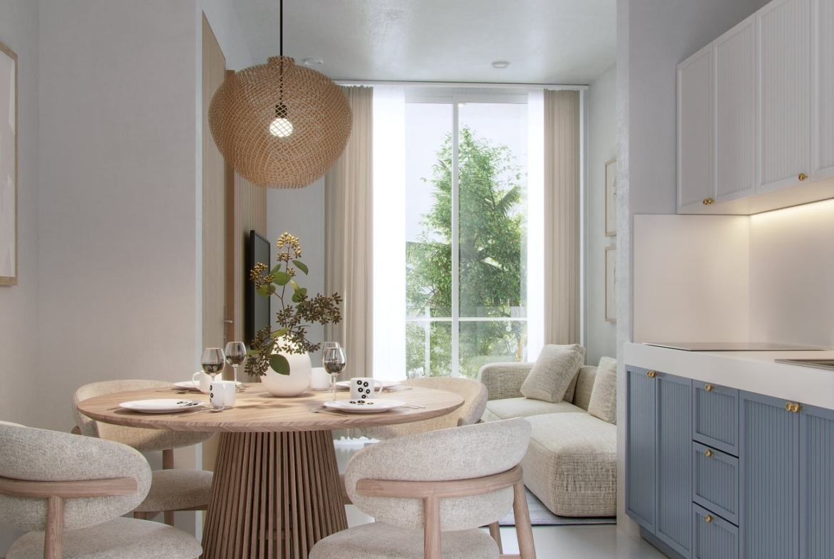 a dining table and chairs in a room