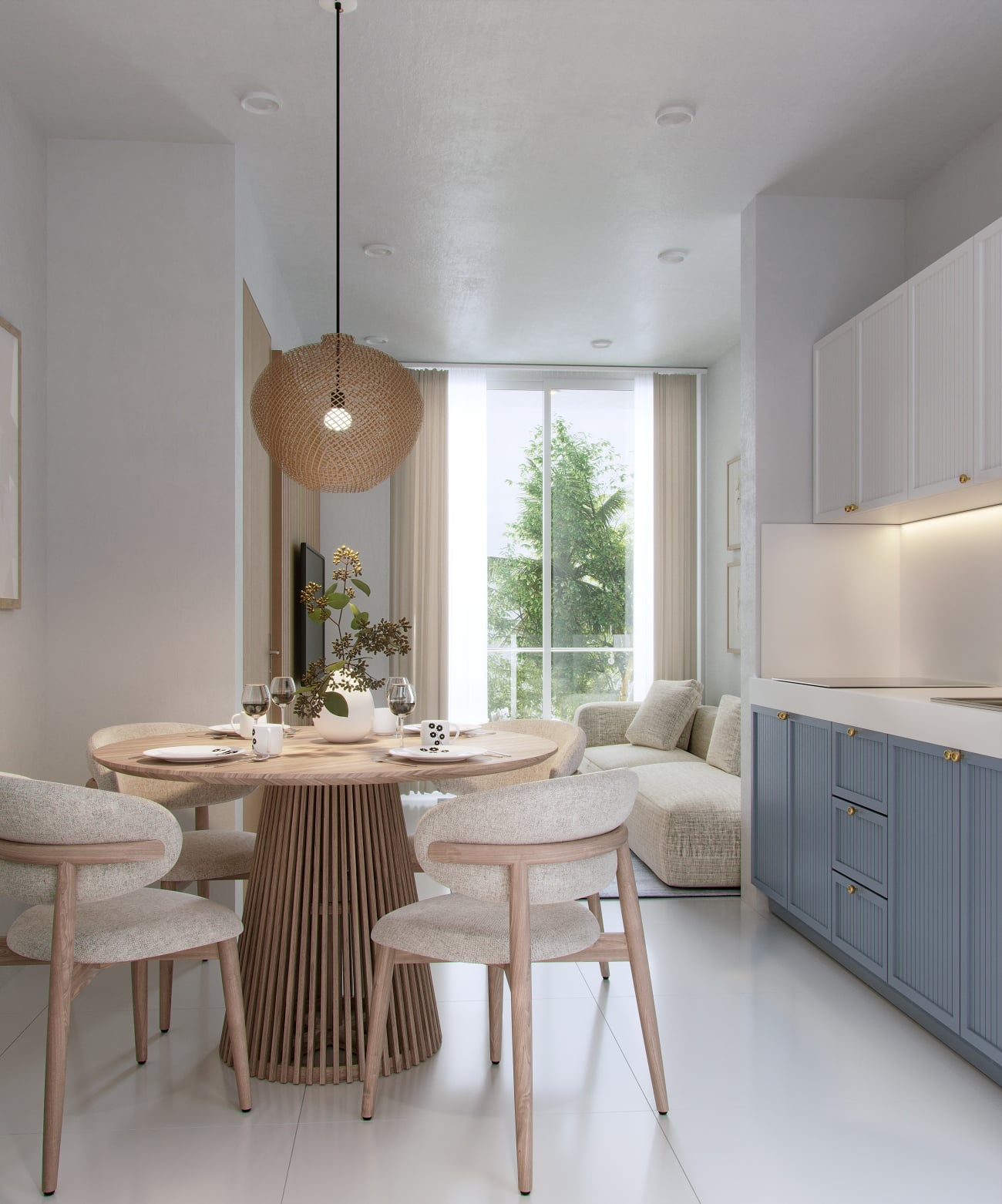 a dining table and chairs in a room