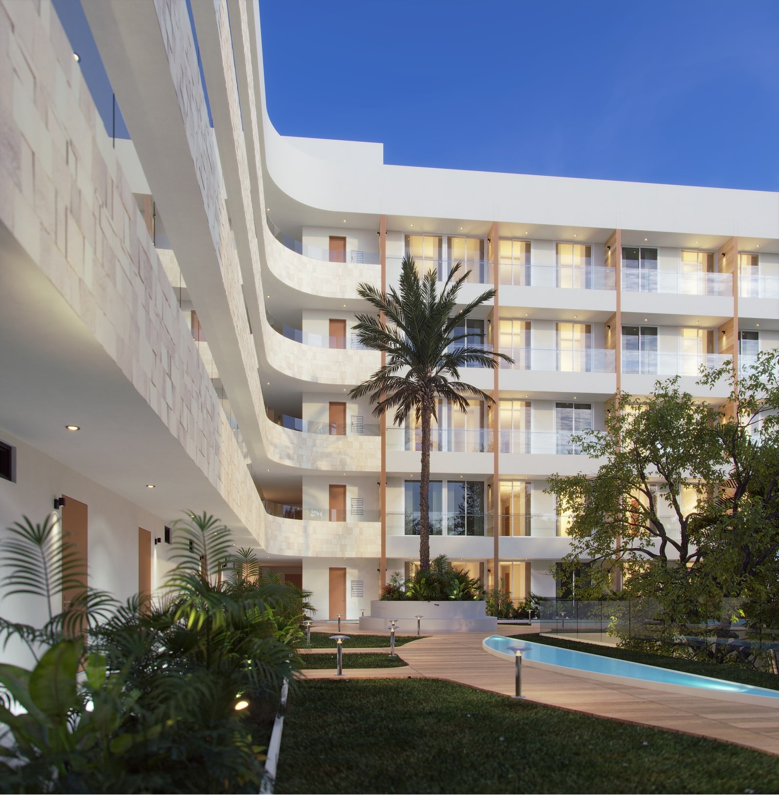 a building with a pool and trees