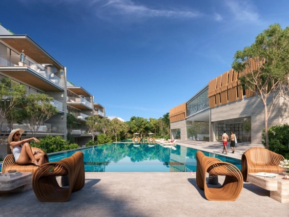 a pool with chairs and people walking around