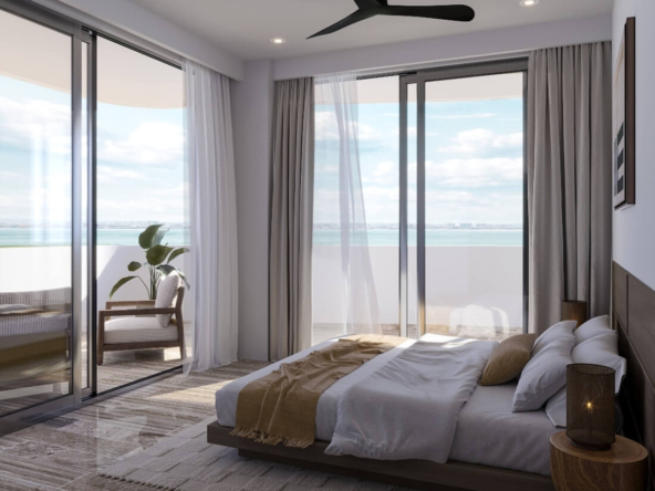 a bedroom with a large window overlooking the ocean